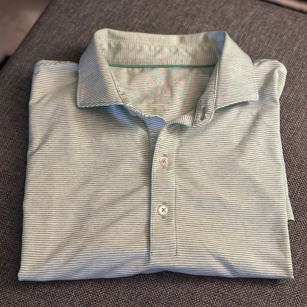 johnnie-O Green and White Striped Polo Shirt